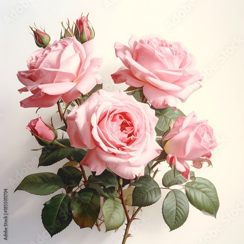 Pink roses are captured in a bright studio photo against a soft background, showcasing detail and gentle color