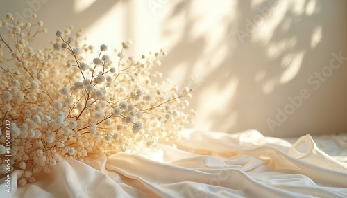 Dried white flowers arranged on soft pale fabric casting gentle shadows. Minimalist studio still life, soft light and elegant texture background.