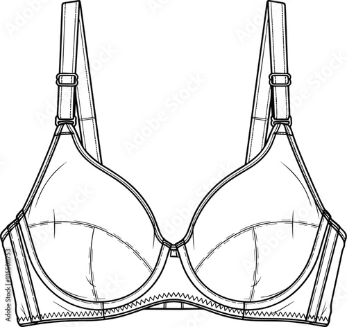Black and white line of a full coverage bra with adjustable straps and underwire