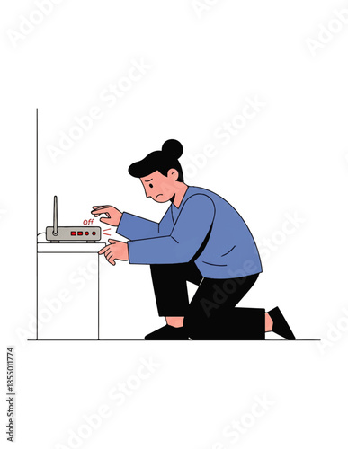 Person experiencing internet connectivity issues, kneeling and troubleshooting a wireless router to restore online service and fix the network problem