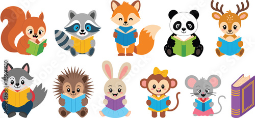 Cartoon animals reading books, cute literacy illustration, educational forest characters, kids learning clipart, book lovers, study theme