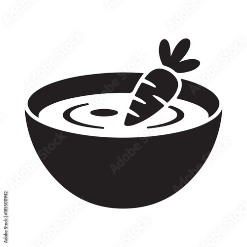 A simple black and white illustration of a bowl of soup with a carrot