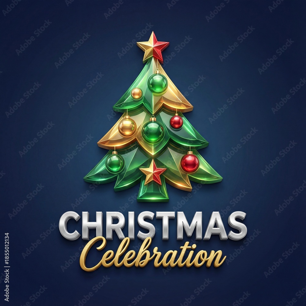 Naklejka premium Stylized Glass Christmas Tree Emblem with Holiday Greeting on Dark Background