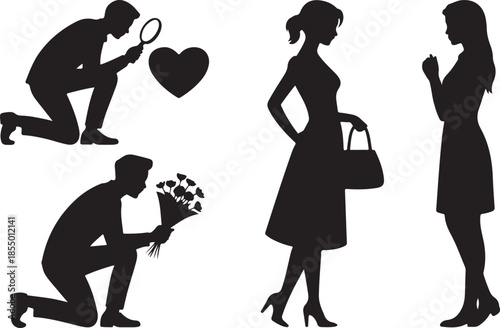 Couple silhouettes proposing with rings and flowers wedding proposal