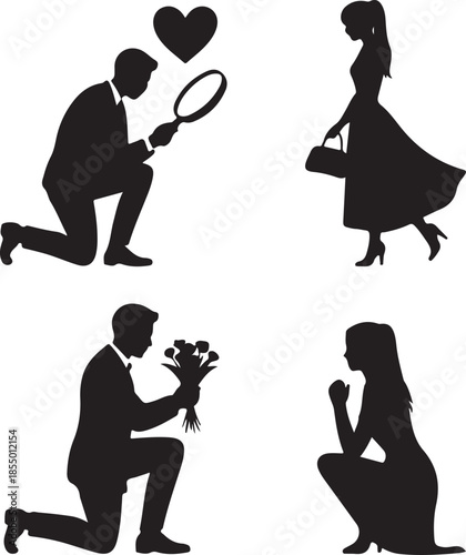 Couple silhouettes proposing with rings and flowers wedding proposal