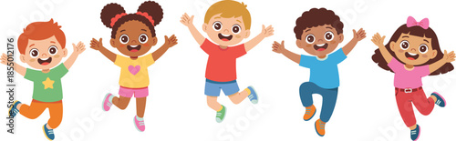 Cartoon children jumping with joy, diverse happy kids illustration, playful character design, school celebration clipart, cheerful youth art