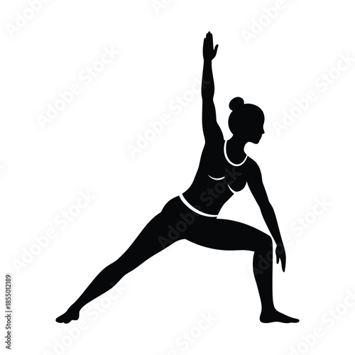 Black silhouette of a woman in yoga warrior pose on white background vector