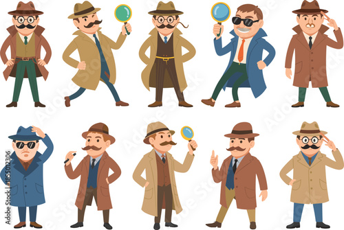 Cartoon detective characters, mystery illustration set, trench coat clipart, magnifying glass poses, spy icons, investigation themed design