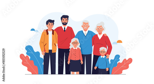 Happy multi-generational family stands together in a group portrait representing unity and love among different ages.