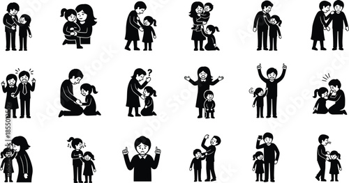 Collection of Black and White Iconographic Depicting Parental Interactions with Children Showing Various Emotions and Situations