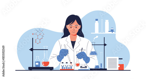 Professional female scientist conducts chemical experiments in a laboratory using flasks and test tubes with precision.