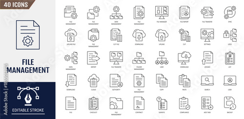 File management icon set. Data, folder, lock, login, sync, lock, search and more. Vector illustration