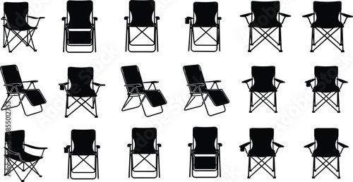 Collection of black silhouette camping chairs in various positions and angles folding chair