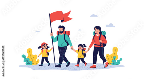 Active family with small children goes on a hiking adventure in nature carrying backpacks and holding a red flag.