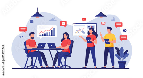 Professional office team works together on business analytics and projects using laptops in a modern workspace.