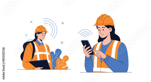 Two female engineers in safety gear use mobile technology to communicate and manage tasks at a construction site.