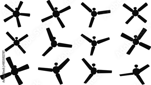 Collection of black ceiling fan silhouettes with varying blade numbers and angles on white background