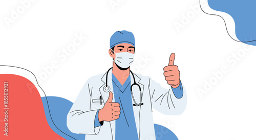 Male surgeon in medical scrubs and mask gives a double thumbs up to signal a successful operation and patient health.