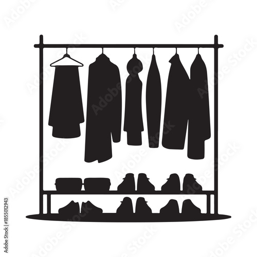 A black silhouette illustration of a clothing rack filled with garments and shoes