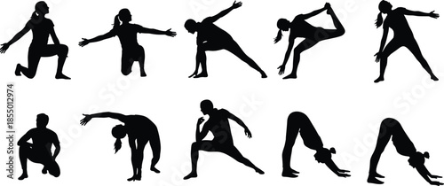 Collection of black silhouettes of people performing various yoga poses and stretches