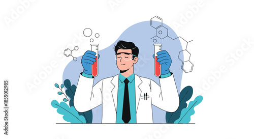 Professional male scientist in a white lab coat holds test tubes while performing research in a modern laboratory.