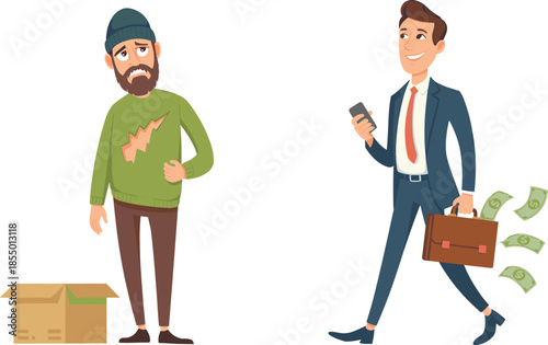 Cartoon poverty and wealth, rich vs poor characters, economic disparity illustration, social inequality concept, financial contrast, lifestyle icons