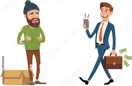 Cartoon poverty and wealth, rich vs poor characters, economic inequality illustration, financial contrast, social disparity, lifestyle concept art