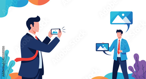 Professional man uses his smartphone to take a photo of a colleague holding a tablet with a mountain view.