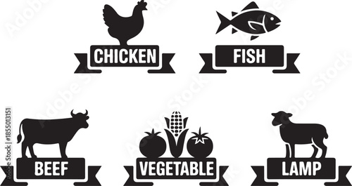 Food icons with animal silhouettes and banner labels for pork chicken fish beef