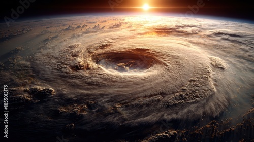 Storms of Earth: A breathtaking view of our planet from above, witnessing the raw power of a colossal storm system swirling across the globe, with the radiant sun illuminating the scene.