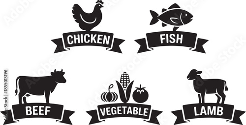 Food icons with animal silhouettes and banner labels for pork chicken fish beef