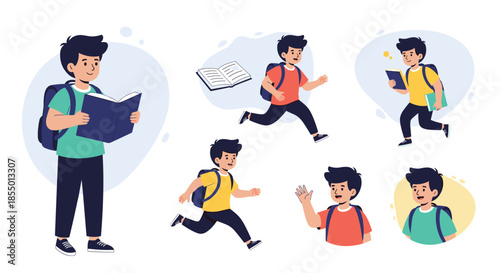 Collection of cartoon illustrations shows a schoolboy with a blue backpack in different active poses and scenes.