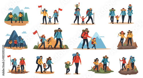 Set of diverse families and couples enjoy hiking and trekking adventures in the beautiful mountain wilderness.