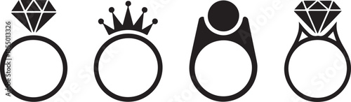 Four black silhouette engagement rings with diamonds in various designs, a minimalist vector icon set for marriage proposals, weddings, and romantic celebrations