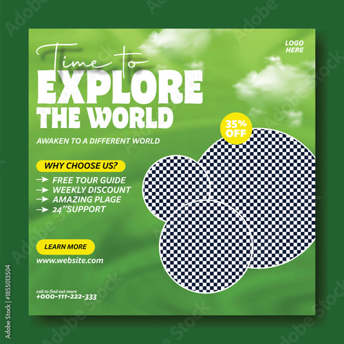 Time to Explore the World: Professional Travel Flyer and Social Media Kit,
Modern Travel Package Flyer & Social Media Post Design with 35% Discount.
Corporate Travel Agency Flyer and Square.