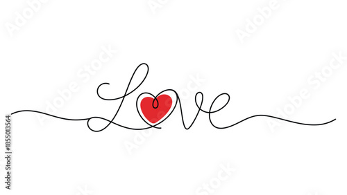 Minimal one line love typography with red heart symbol expressing romance affection and emotional connection isolated on white background