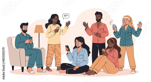 Group of diverse friends in comfortable pajamas hang out together and use their smartphones in a living room.