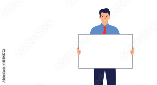 Businessman in a blue shirt and red tie holds a large blank white board for custom messages or advertisements.
