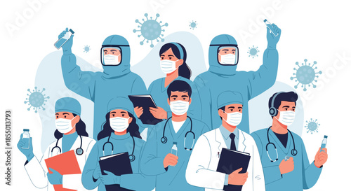 Team of dedicated healthcare professionals and first responders wear protective masks and uniforms in a crisis.