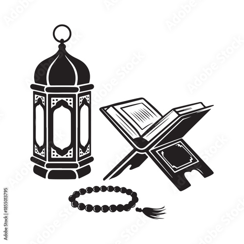 Islamic elements a lantern quran and prayer beads in black and white
