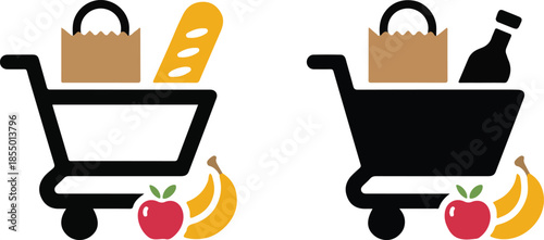Hand drawn grocery cart filled with food and produce in silhouette and outline