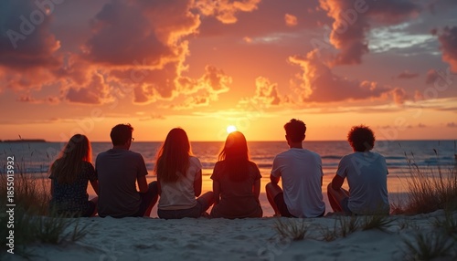 Group of friends watch vibrant sunset over ocean waves on sandy beach. People see sun descend, feel peace and togetherness watching sky change colors over the sea.