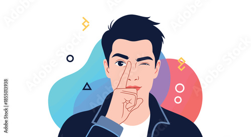Young man winks and holds a finger to his lips in a secret gesture of silence or a quiet surprise for a friend.