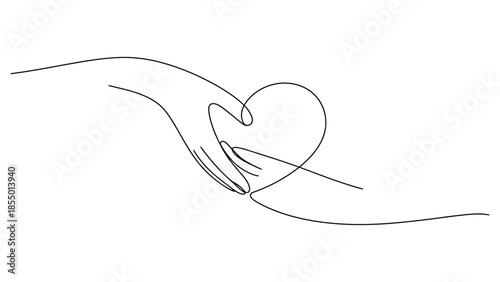 Minimal one line hand holding heart illustration symbolizing love care support compassion and kindness concept isolated on white background