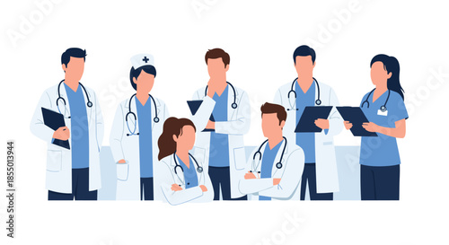Diverse group of medical doctors and nurses in professional white coats and scrubs stand together as a team.
