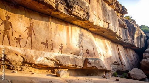 Ancient Rock Paintings of Human Figures and Animals on a Cliff Face
