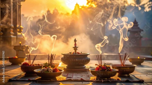 Balinese Offerings: Incense Smoke and Sunset at Temple