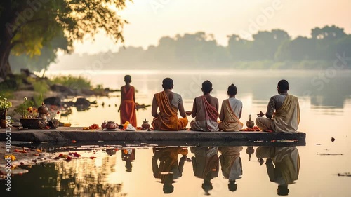 Monks Meditating by River at Sunrise, Spiritual Ritual, Serene Natural Landscape