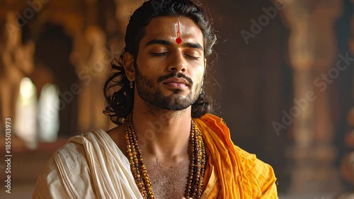 Young Indian Man Praying with Eyes Closed in Temple, Wearing Traditional Clothes and Mala Beads