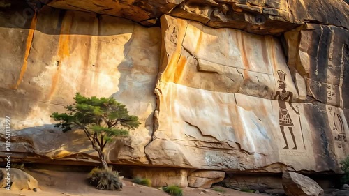 Ancient Cave Paintings Depicting Figures and Animals on Rock Face